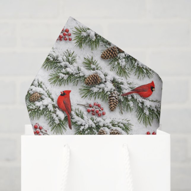 Papier Mousseline Cardinal Rouge enneigé Persistant Hiver (Sac cadeau)