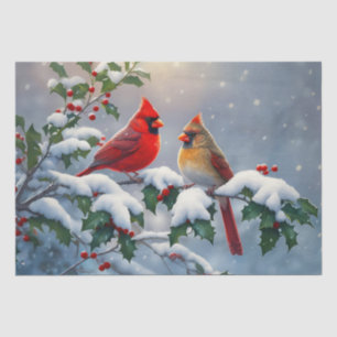 Papier Mousseline Cardinaux rouges et Holly en neige
