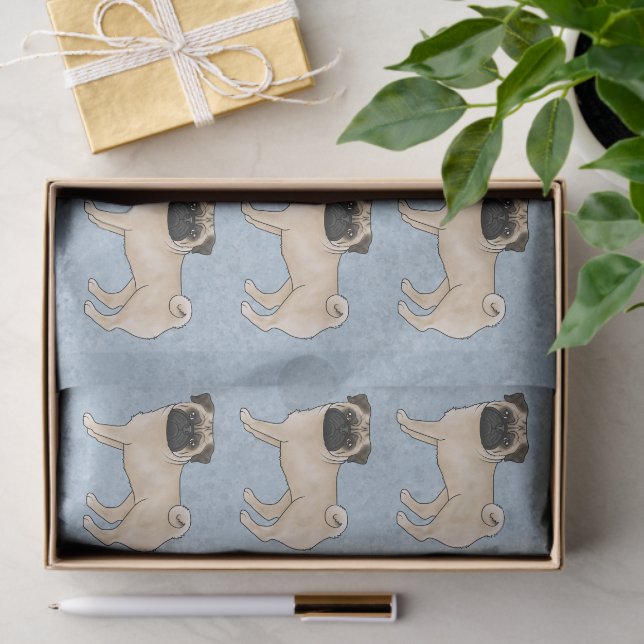 Papier Mousseline Carlin Couleur Fawn Mops Chien race Motif sur Bleu (Cadeau)