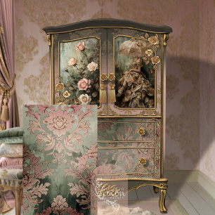 Papier Mousseline Carreau baroque en damas rose poudré et vert