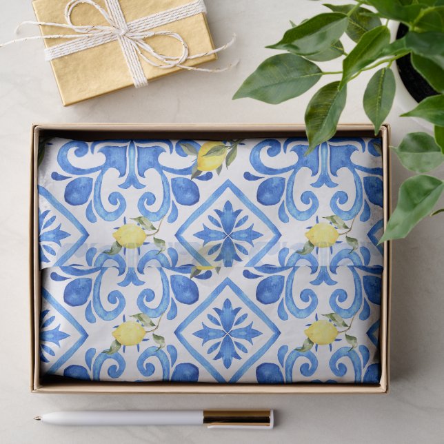 Papier Mousseline Carreau bleu citron jaune  (Cadeau)