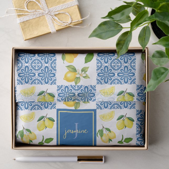 Papier Mousseline Carreau de motif de nom de monogramme de citron fr (Cadeau)