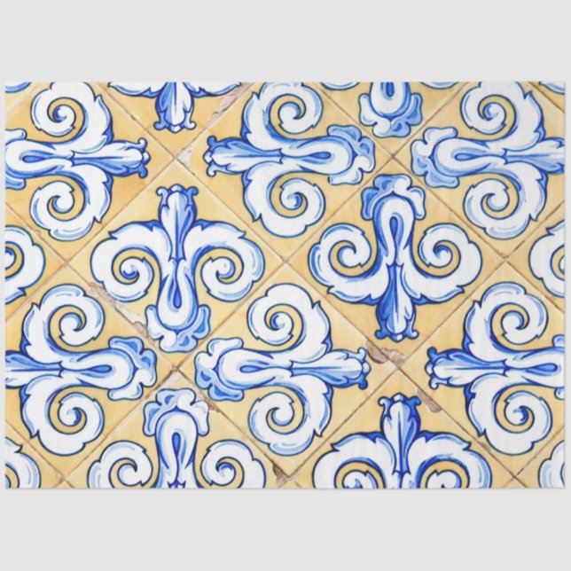 Papier Mousseline Carreaux espagnols - Azulejo Bleu, Jaune et Blanc (Recto)