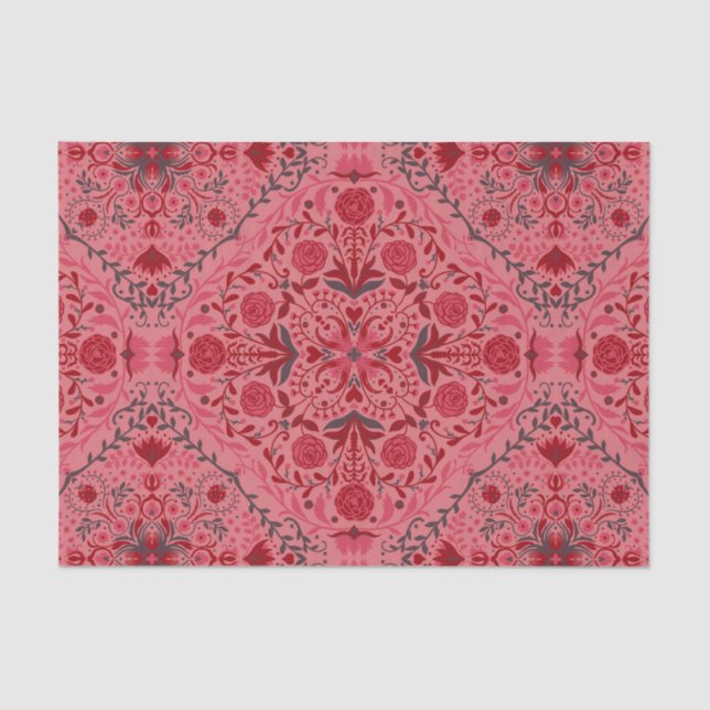 Papier Mousseline Carreaux floraux en rouge et pastèque rose (Recto)