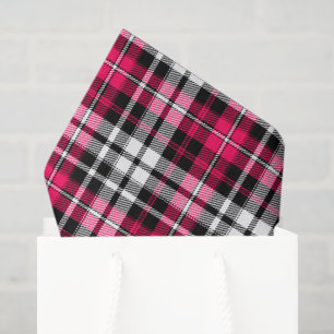 Papier Mousseline Carreaux Tartan Rose Noir Blanc