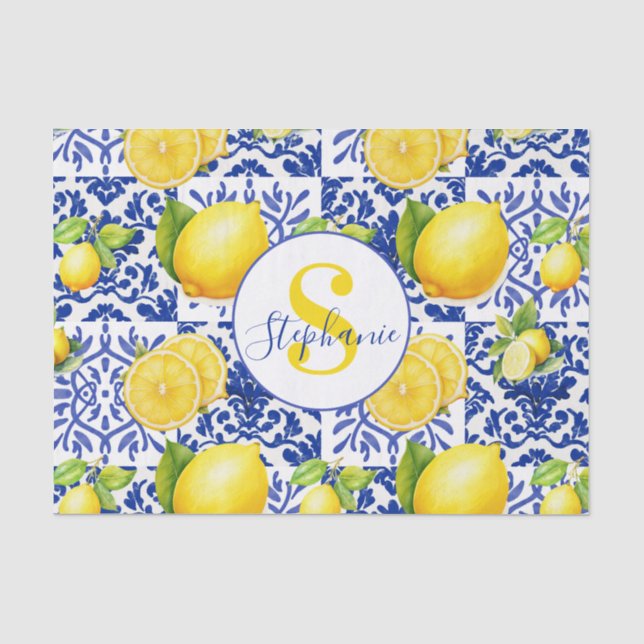 Papier Mousseline Carrelage à motif de citron blanc bleu Monogramme  (Recto)