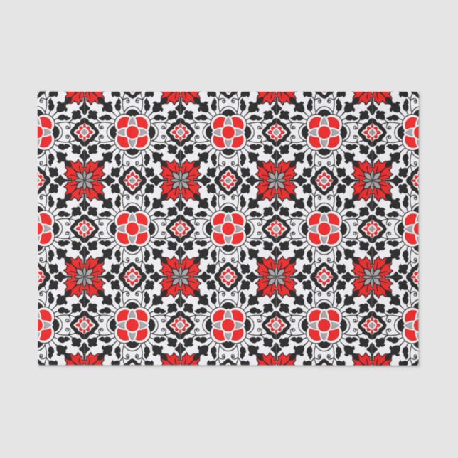 Papier Mousseline Carrelage marocain floral, rouge profond, noir et  (Recto)