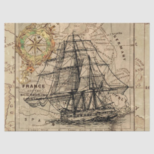 Papier Mousseline Carte à l'ancienne et voilier épique