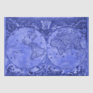 Papier Mousseline Carte antique du monde, version bleue, J Blaeu 166
