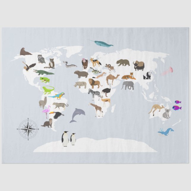 Papier Mousseline Carte du monde pour enfants Animaux (Recto)