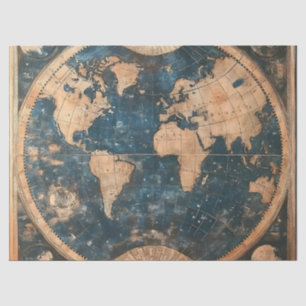 Papier Mousseline Carte du monde vintage bleu et or double hémisphèr