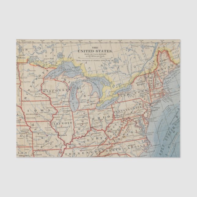 Papier Mousseline Carte du nord-est et Great Lakes États-Unis 1888 (Recto)