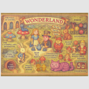 Papier Mousseline Carte Fantaisiste des Aventures d'Alice au Pays de