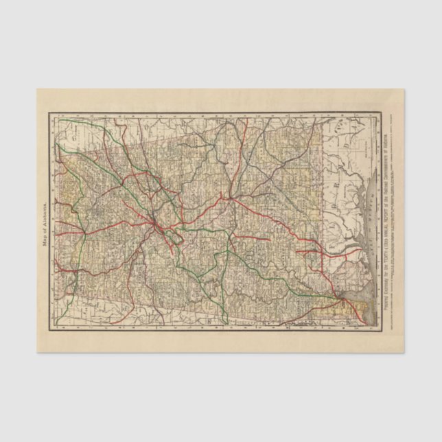 Papier Mousseline Carte ferroviaire vintage de l'Alabama (1888) (Recto)