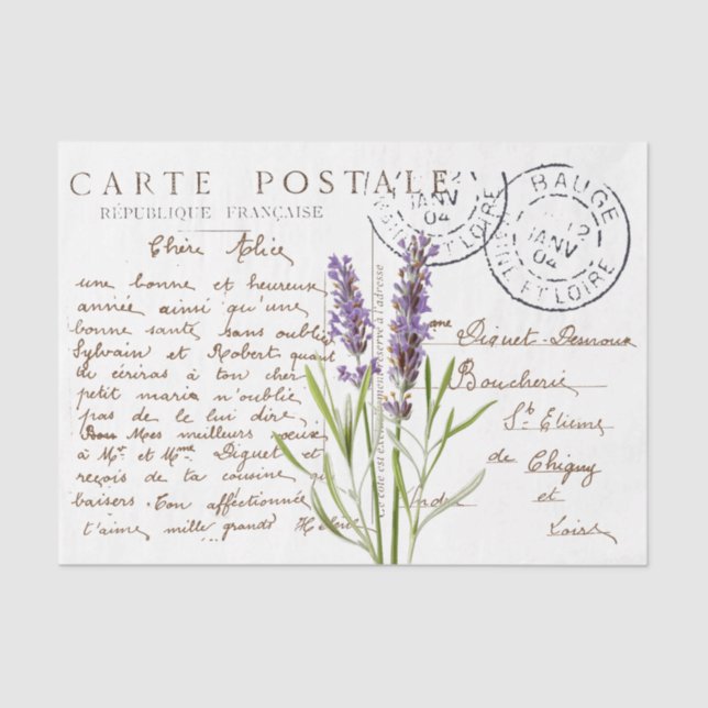Papier Mousseline Carte Postale French Script Lavender Flower Craft (Recto)