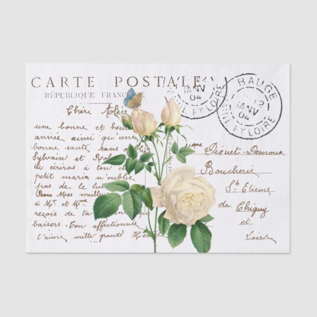 Papier Mousseline Carte Postale French Script Rose Papillon Fleur (Recto)