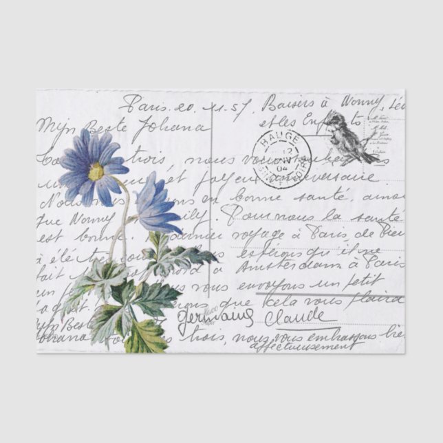 Papier Mousseline Carte postale Vintage aux fleurs bleues (Recto)