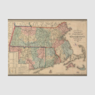 Papier Mousseline Carte routière ferroviaire du Massachusetts, 1879