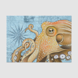 Papier Mousseline Carte Vintage de l'Octopus jaune Compass bleu mari