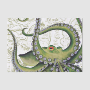 Papier Mousseline Carte Vintage de poulpe verte blanche