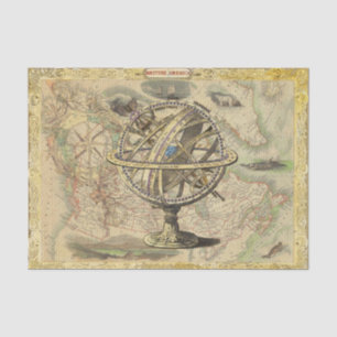 Papier Mousseline Carte vintage et Globe avec cadre orné d'or