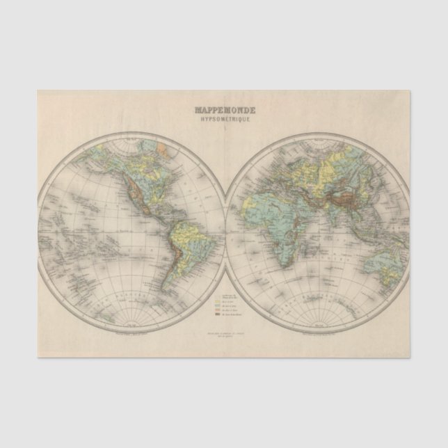 Papier Mousseline Cartes hypsométriques du monde (Recto)