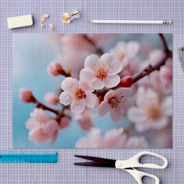 Papier Mousseline Cascade de Fleurs Roses  (Sheets Size: 19" x 29”. Sold in sets of 3. D: 19.5" x 28.5" sheets. Grid  for precise wrapping. 
)
