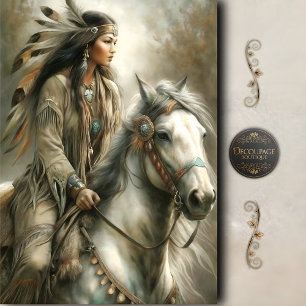Papier Mousseline Cavalière Autochtone Femme & Cheval Blanc Découpag