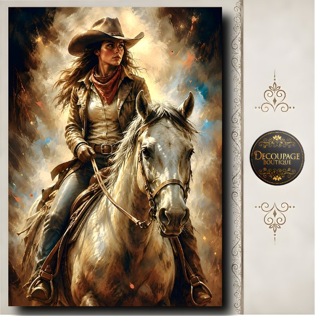 Papier Mousseline Cavalière chevauchant un cheval blanc Impression d (Cowgirl Riding White Horse Western Fine Art Print Tissue Paper)