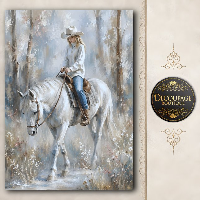 Papier Mousseline Cavalière sur un cheval blanc découpage (Cowgirl Riding White Horse Decoupage Tissue Paper)