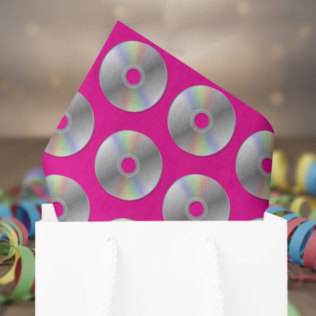 Papier Mousseline CD de musique rétro Motif Hot Pink Tissue Paper (Retro Music CD Pattern tissue for your groovy retro y2k tissue paper needs)