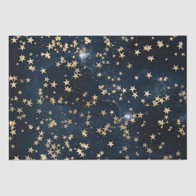 Papier Mousseline Celestial Golden Stars on Navy Galaxy Background (Recto)