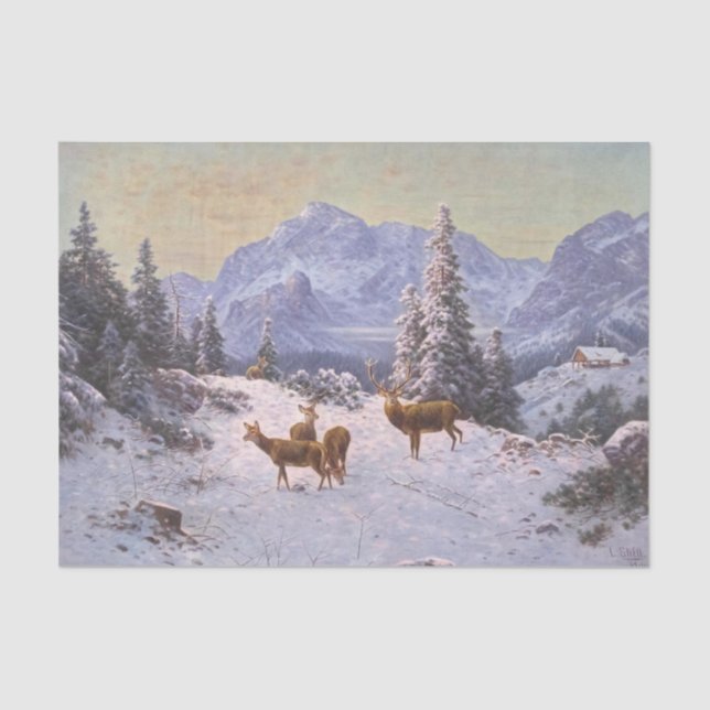 Papier Mousseline Cerf avec troupeau en hiver, Découpage (Recto)