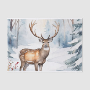 Papier Mousseline Cerf en forêt neigeuse Arbres de Noël Aquarelle