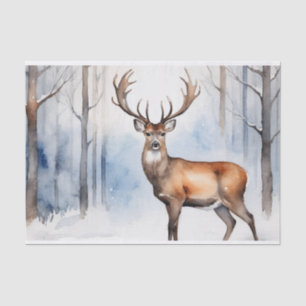 Papier Mousseline Cerf en forêt neigeuse Arbres de Noël Aquarelle