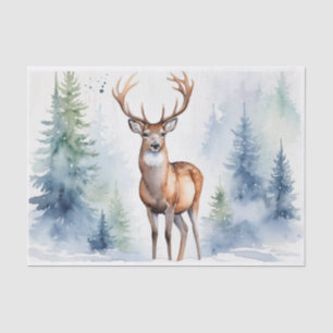 Papier Mousseline Cerf en forêt neigeuse Arbres de Noël Aquarelle