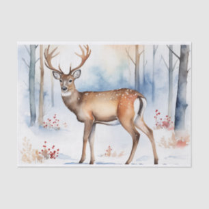 Papier Mousseline Cerf en forêt neigeuse Arbres de Noël Aquarelle
