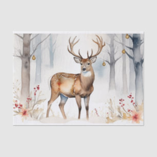 Papier Mousseline Cerf en forêt neigeuse Arbres de Noël Aquarelle