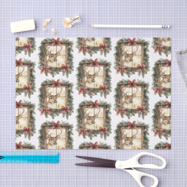 Papier Mousseline Cerfs à la fenêtre arcs rouges Noël (Artisanat)
