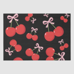 Papier Mousseline Cerises Noires avec Cocotte à Ruban Rose