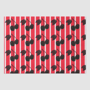 Papier Mousseline Cerises noires sur rouge et blanc rayé