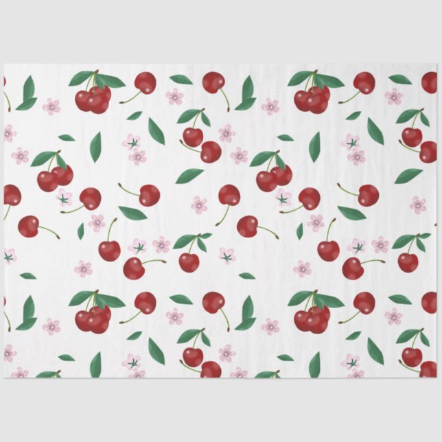 Papier Mousseline Cerises rouges botaniques Verdure et fleurs (Recto)