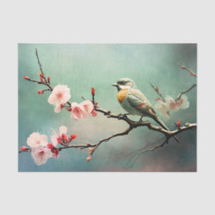 Papier Mousseline Cerisiers en fleurs Moineau Ciel Turquoise Oiseau