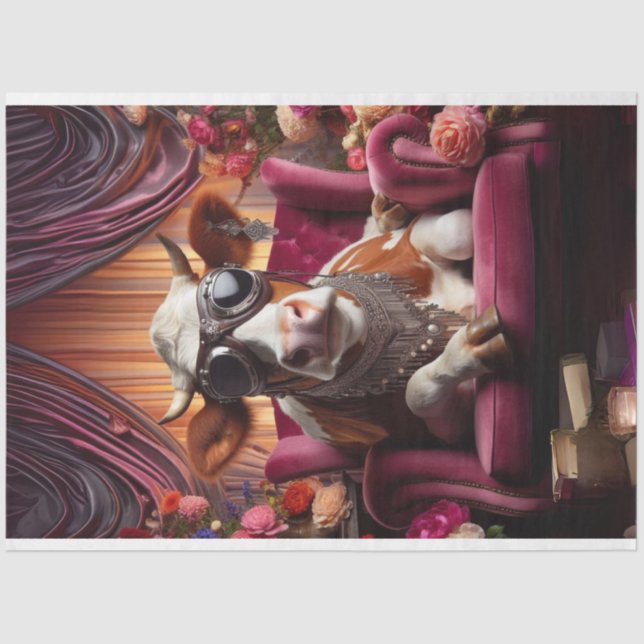 Papier Mousseline Chaise rose Vache Steampunk Découpage Vintage (Recto)