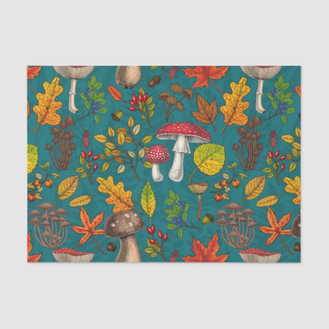 Papier Mousseline Champignons d'automne, feuilles, noix et baies sur (Recto)