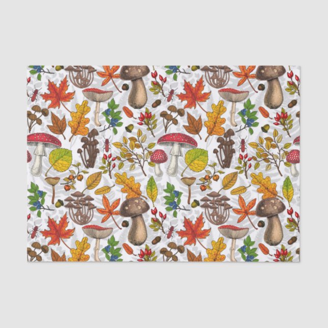 Papier Mousseline Champignons d'automne, feuilles, noix et baies sur (Recto)