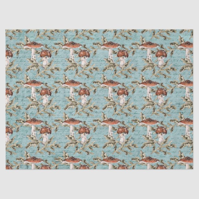 Papier Mousseline Champignons des bois sur papier de tissus Turquois (Recto)
