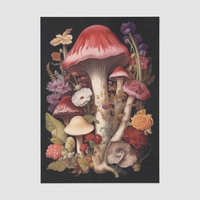 Papier Mousseline Champignons et fleurs de fantaisie sur fond noir (Recto)