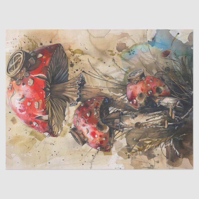 Papier Mousseline Champignons Steampunk Aquarelle Art Découpage (Recto)