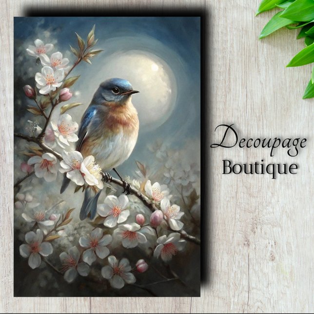 Papier Mousseline Chanson du Merle Bleu au Clair de Lune 2 (Moonlit Bluebird Song 2 Decoupage Tissue Paper)